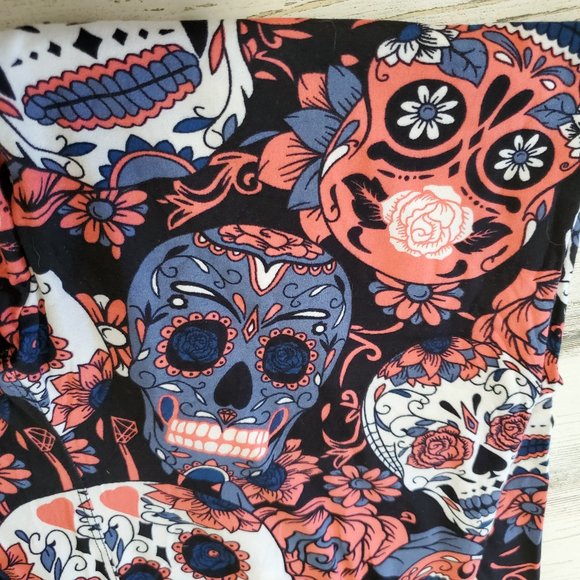Candy Skull Women's Leggings Halloween Salmon Blue OSFM - Picture 4 of 4